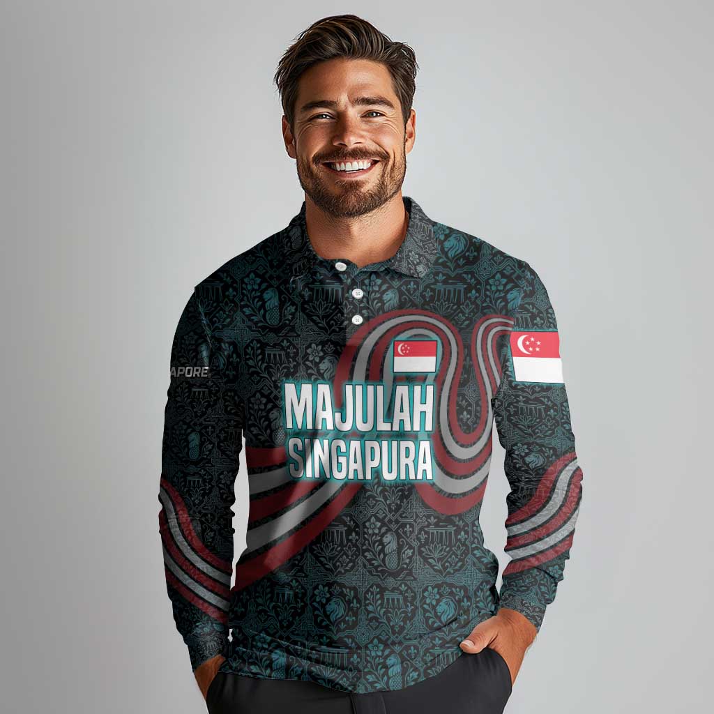 Singapore Long Sleeve Polo Shirt with National Icons and Majulah Singapura Script