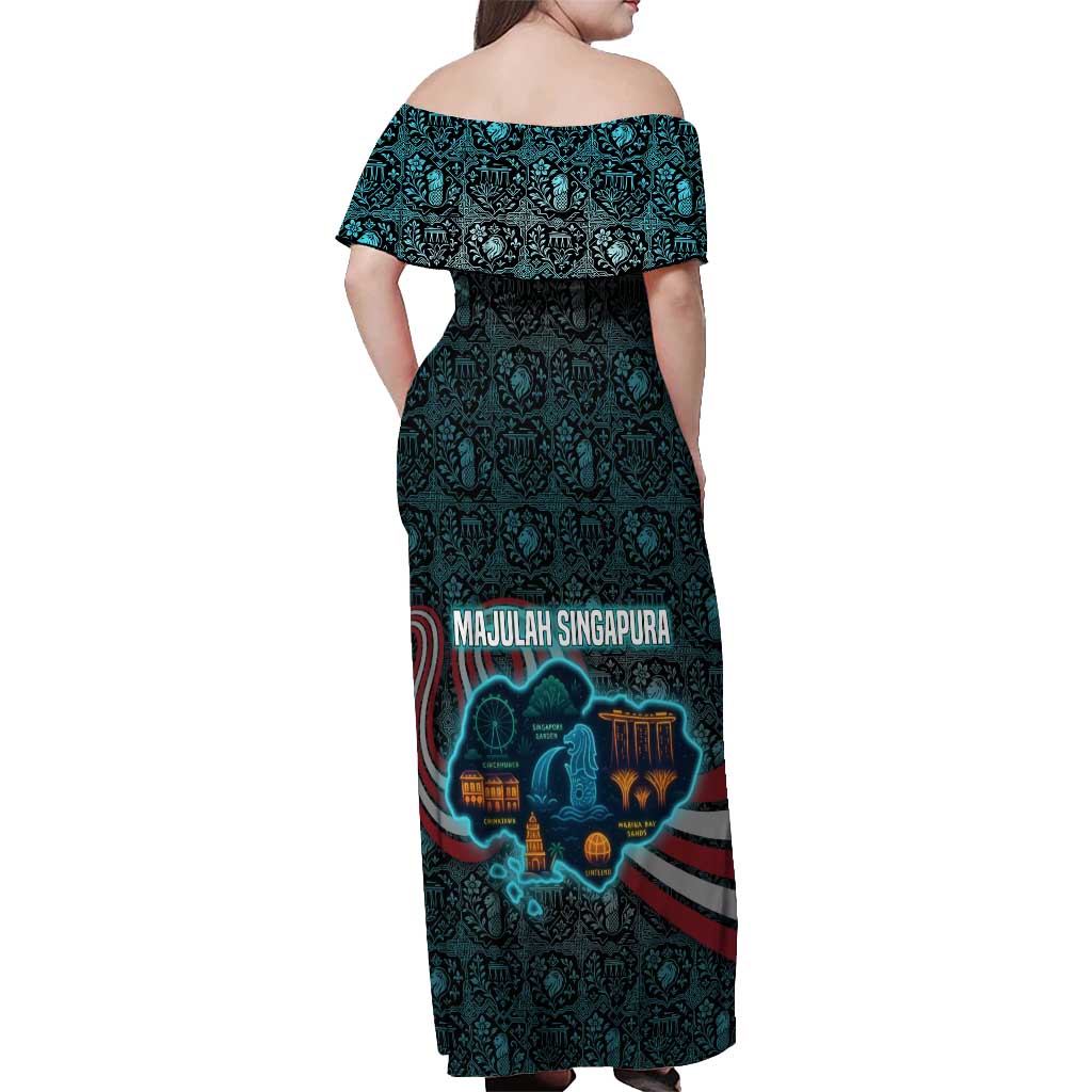 Singapore Off Shoulder Maxi Dress with National Icons and Majulah Singapura Script