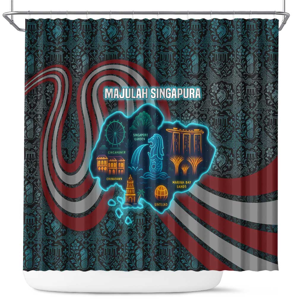 Singapore Shower Curtain with National Icons and Majulah Singapura Script