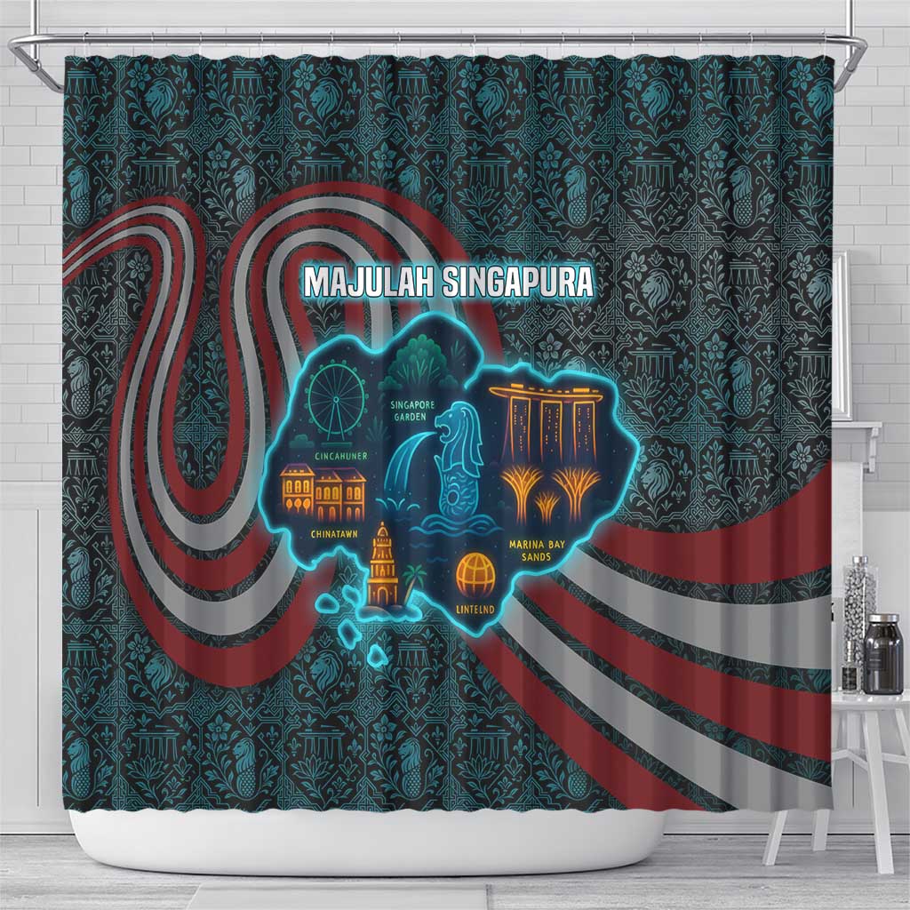Singapore Shower Curtain with National Icons and Majulah Singapura Script
