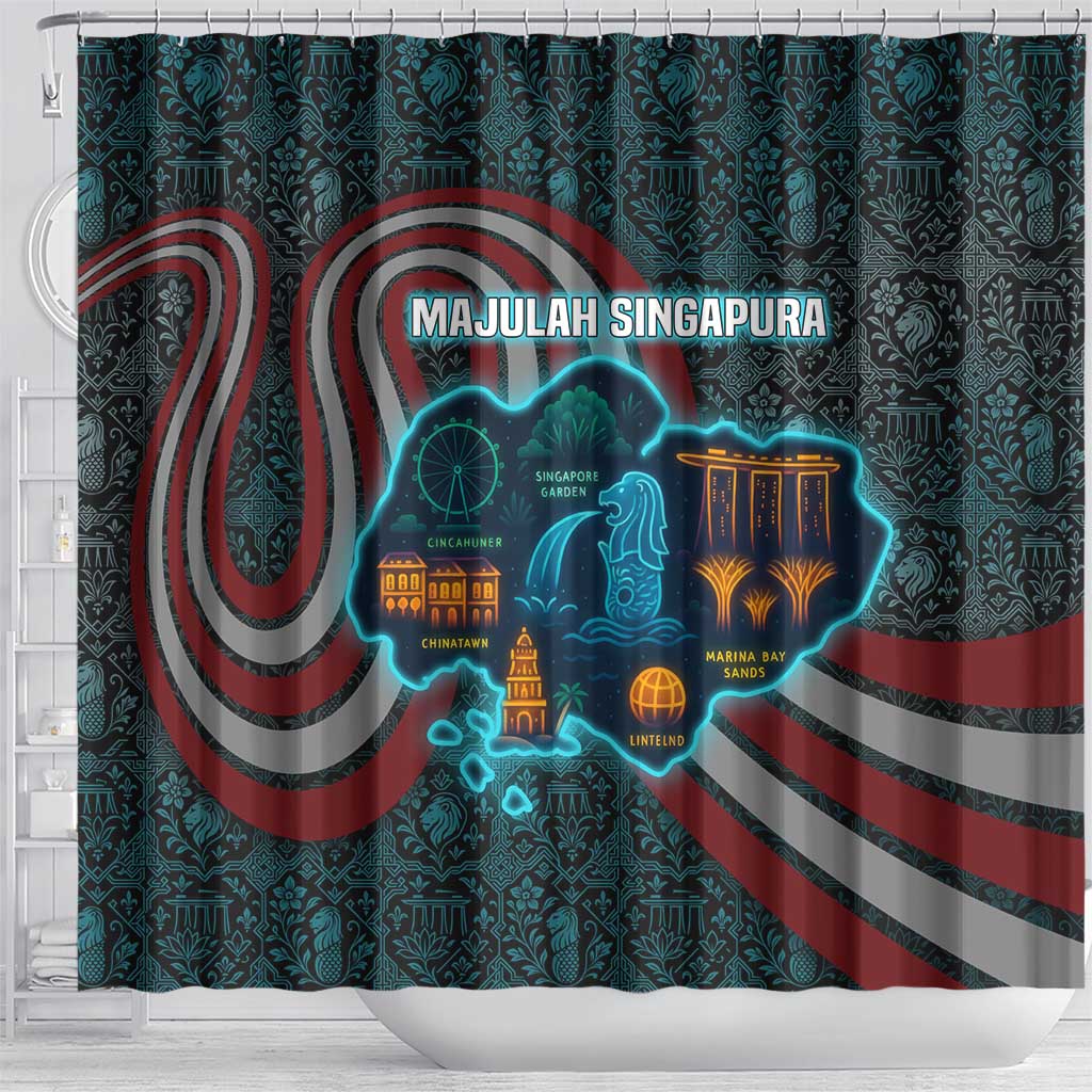 Singapore Shower Curtain with National Icons and Majulah Singapura Script
