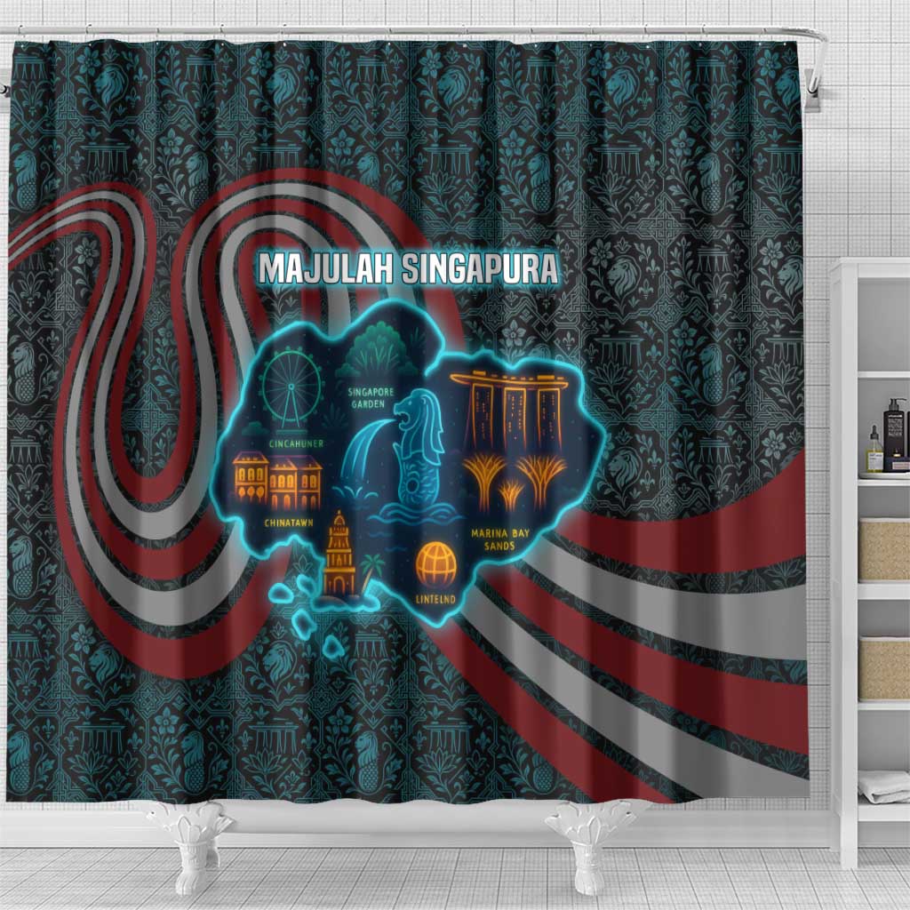 Singapore Shower Curtain with National Icons and Majulah Singapura Script