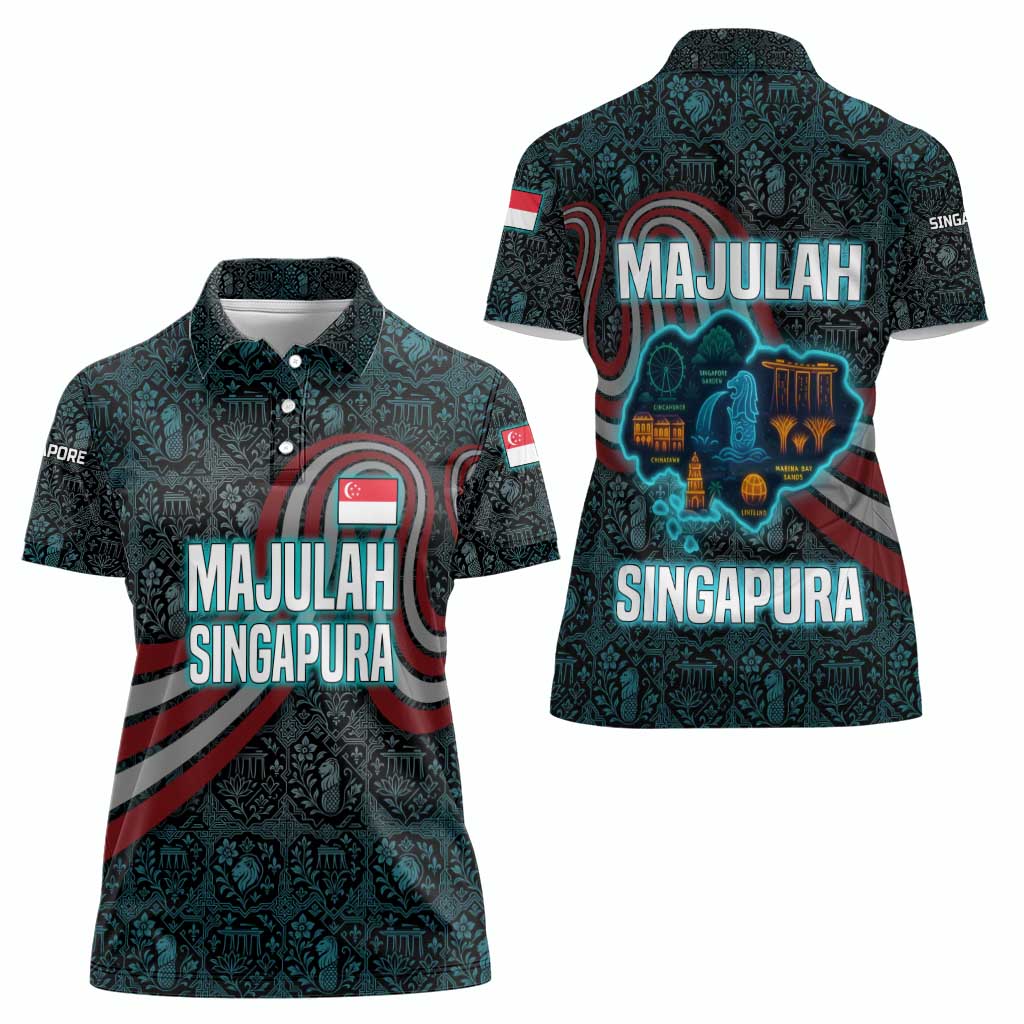 Singapore Women Polo Shirt with National Icons and Majulah Singapura Script