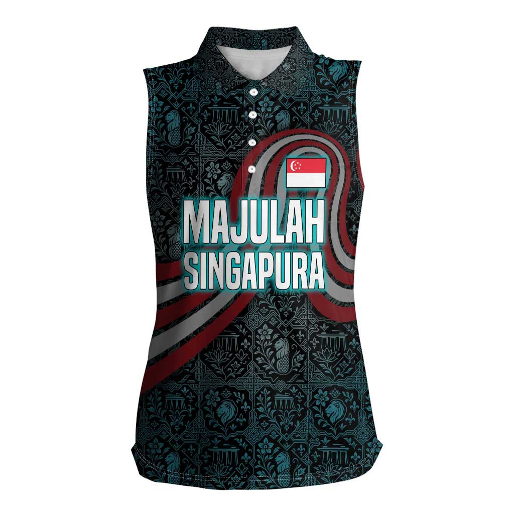 Singapore Women Sleeveless Polo Shirt with National Icons and Majulah Singapura Script