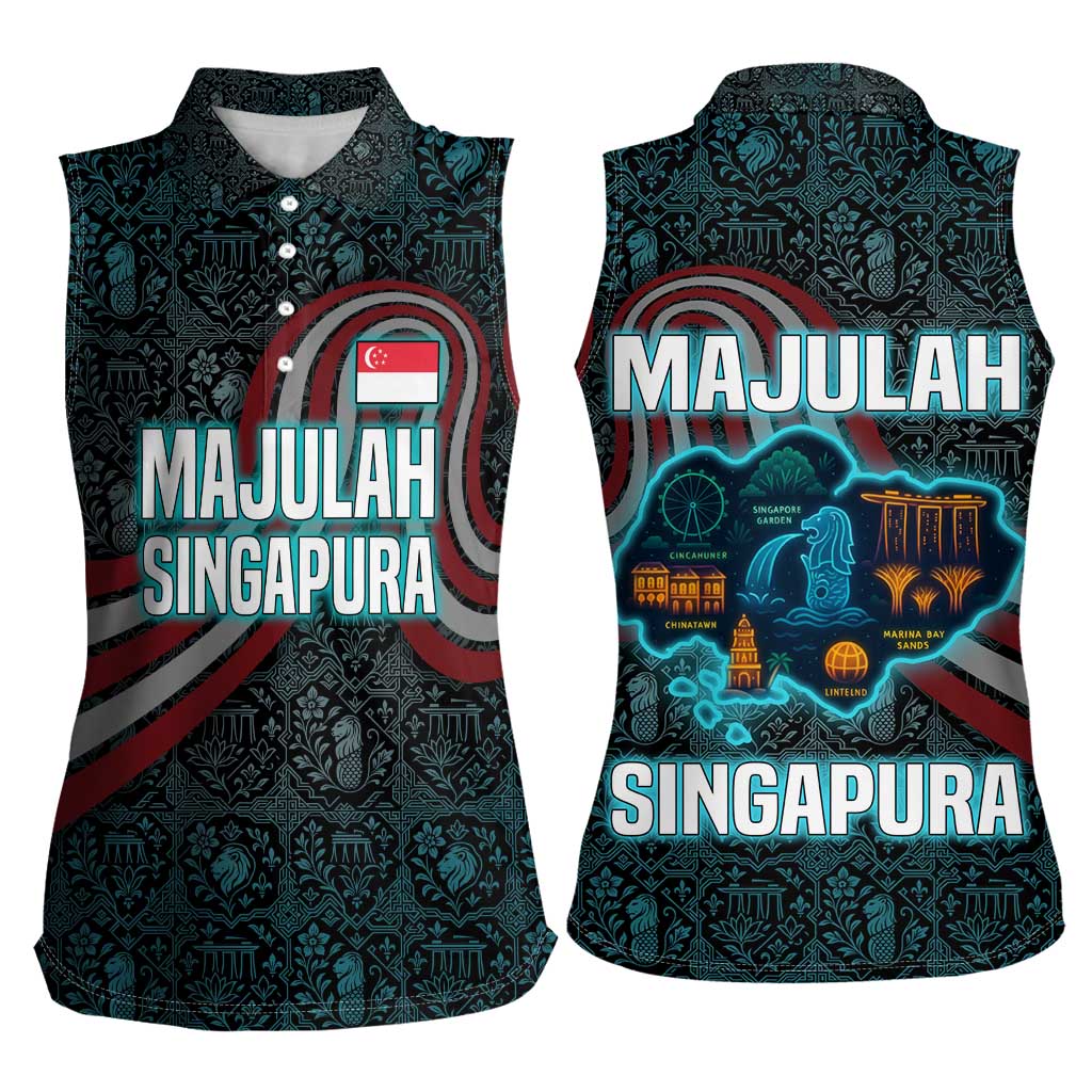 Singapore Women Sleeveless Polo Shirt with National Icons and Majulah Singapura Script