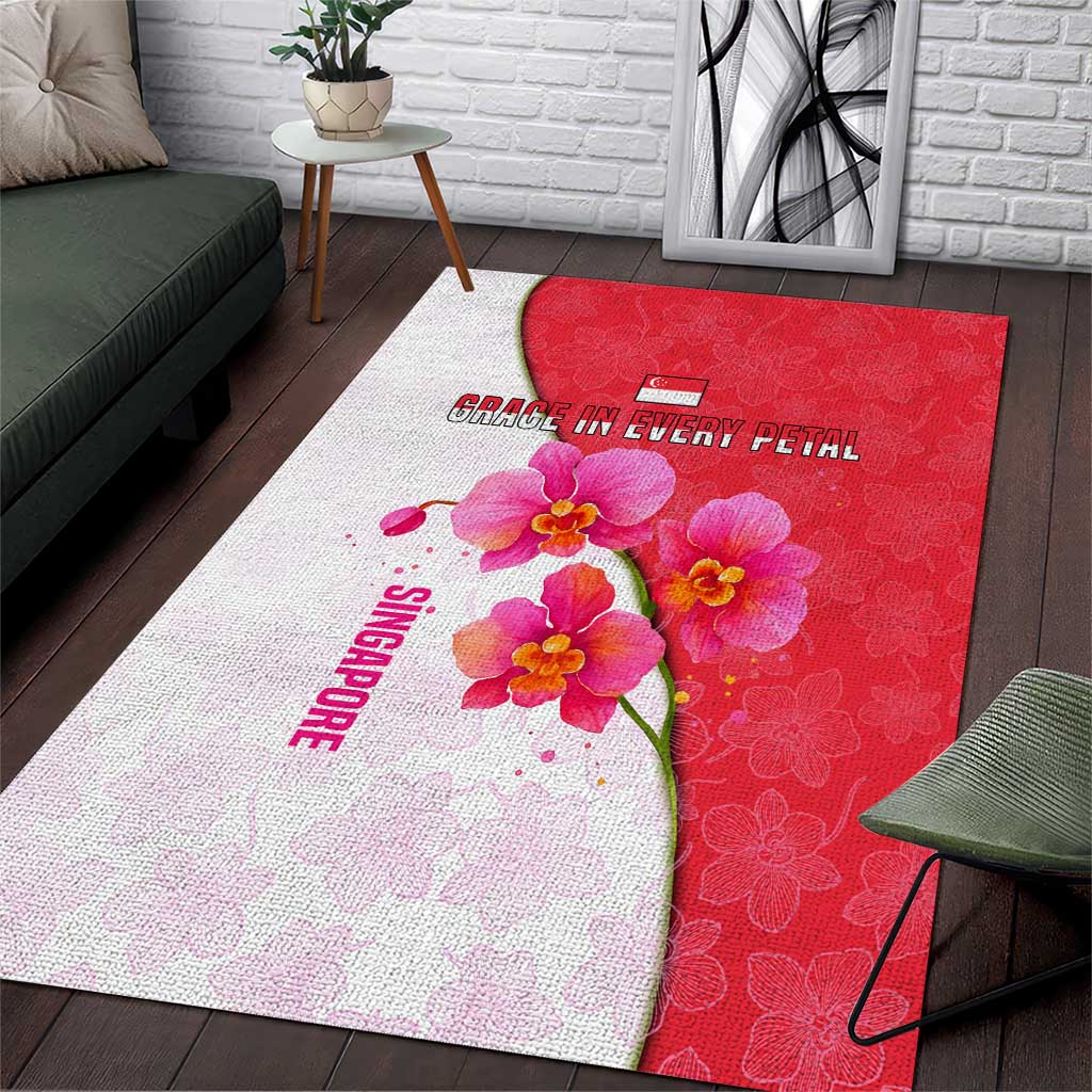 Singapore Area Rug with Orchid Flower Design and National Flag Motif
