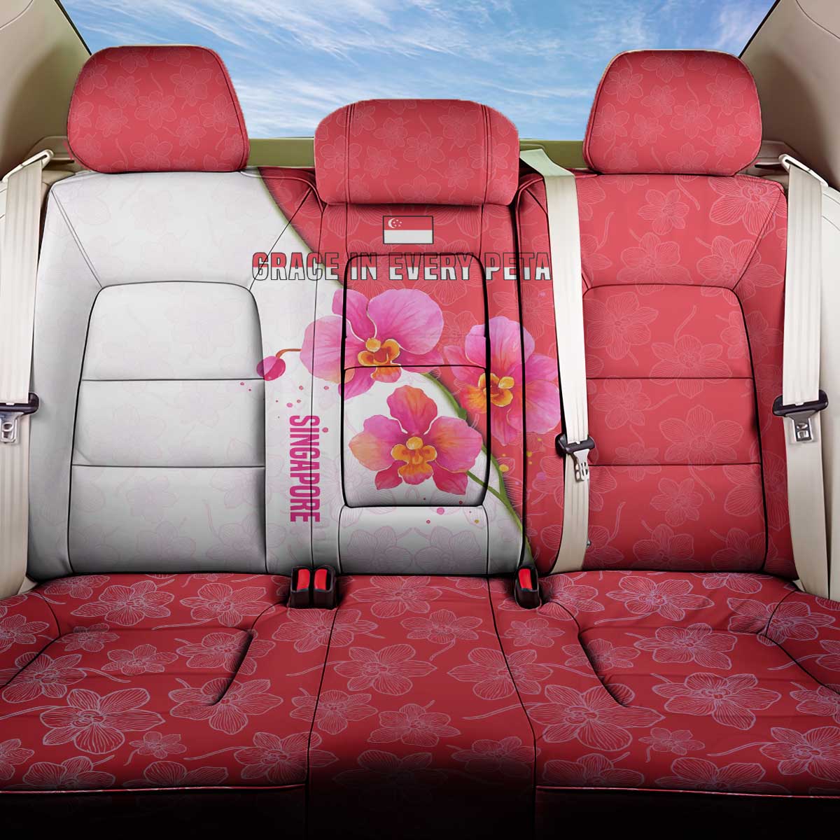 Singapore Back Car Seat Cover with Orchid Flower Design and National Flag Motif