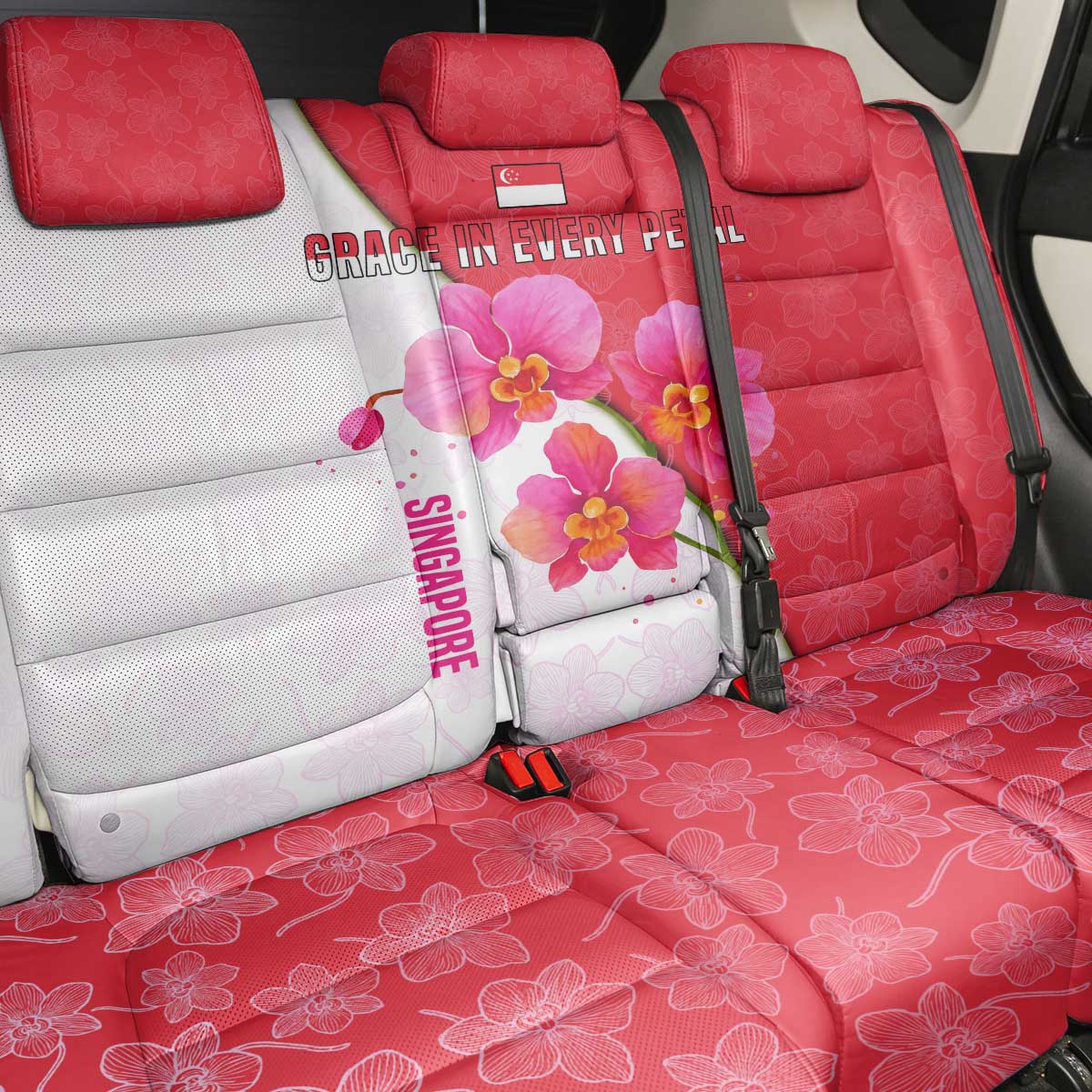 Singapore Back Car Seat Cover with Orchid Flower Design and National Flag Motif