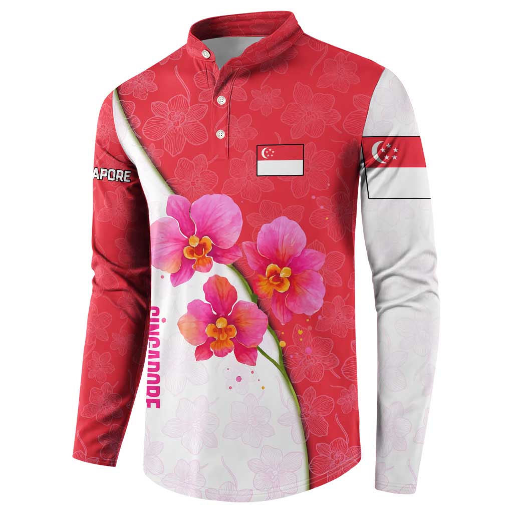 Singapore Button Sweatshirt with Orchid Flower Design and National Flag Motif