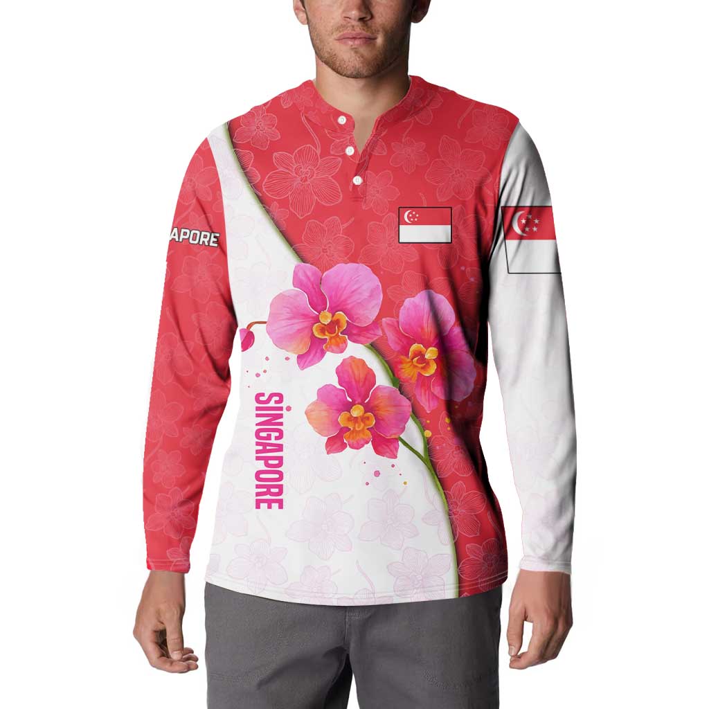 Singapore Button Sweatshirt with Orchid Flower Design and National Flag Motif