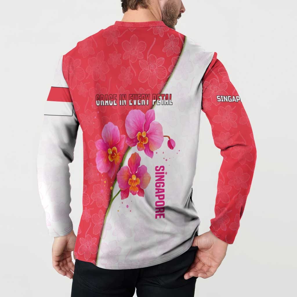 Singapore Button Sweatshirt with Orchid Flower Design and National Flag Motif