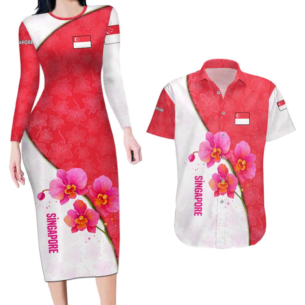 Singapore Couples Matching Long Sleeve Bodycon Dress and Hawaiian Shirt with Orchid Flower Design and National Flag Motif