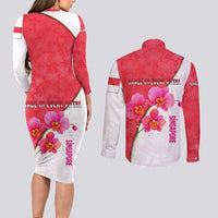 Singapore Couples Matching Long Sleeve Bodycon Dress and Long Sleeve Button Shirt with Orchid Flower Design and National Flag Motif
