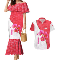 Singapore Couples Matching Mermaid Dress and Hawaiian Shirt with Orchid Flower Design and National Flag Motif