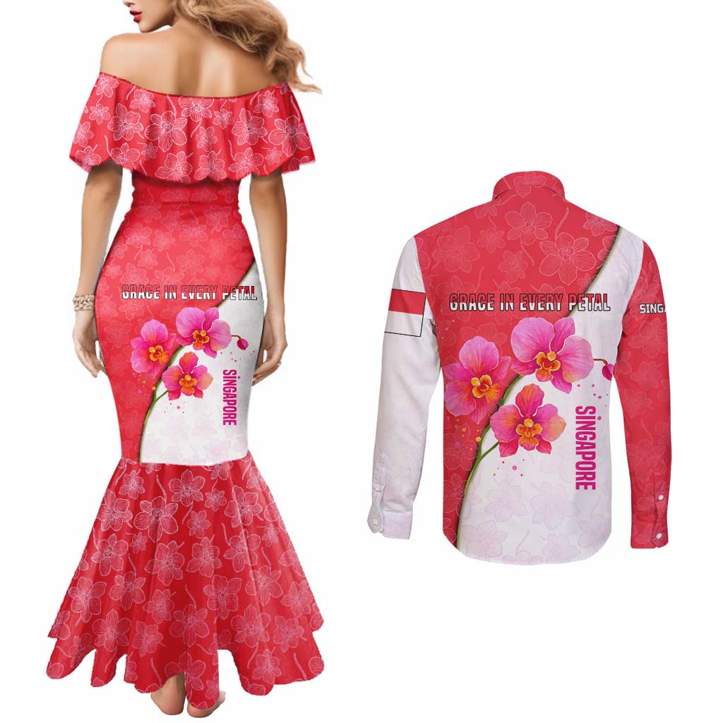 Singapore Couples Matching Mermaid Dress and Long Sleeve Button Shirt with Orchid Flower Design and National Flag Motif