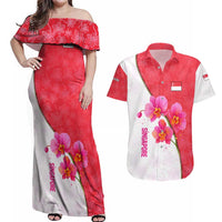 Singapore Couples Matching Off Shoulder Maxi Dress and Hawaiian Shirt with Orchid Flower Design and National Flag Motif