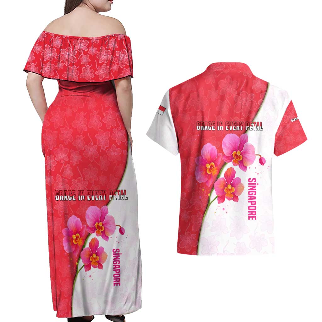 Singapore Couples Matching Off Shoulder Maxi Dress and Hawaiian Shirt with Orchid Flower Design and National Flag Motif
