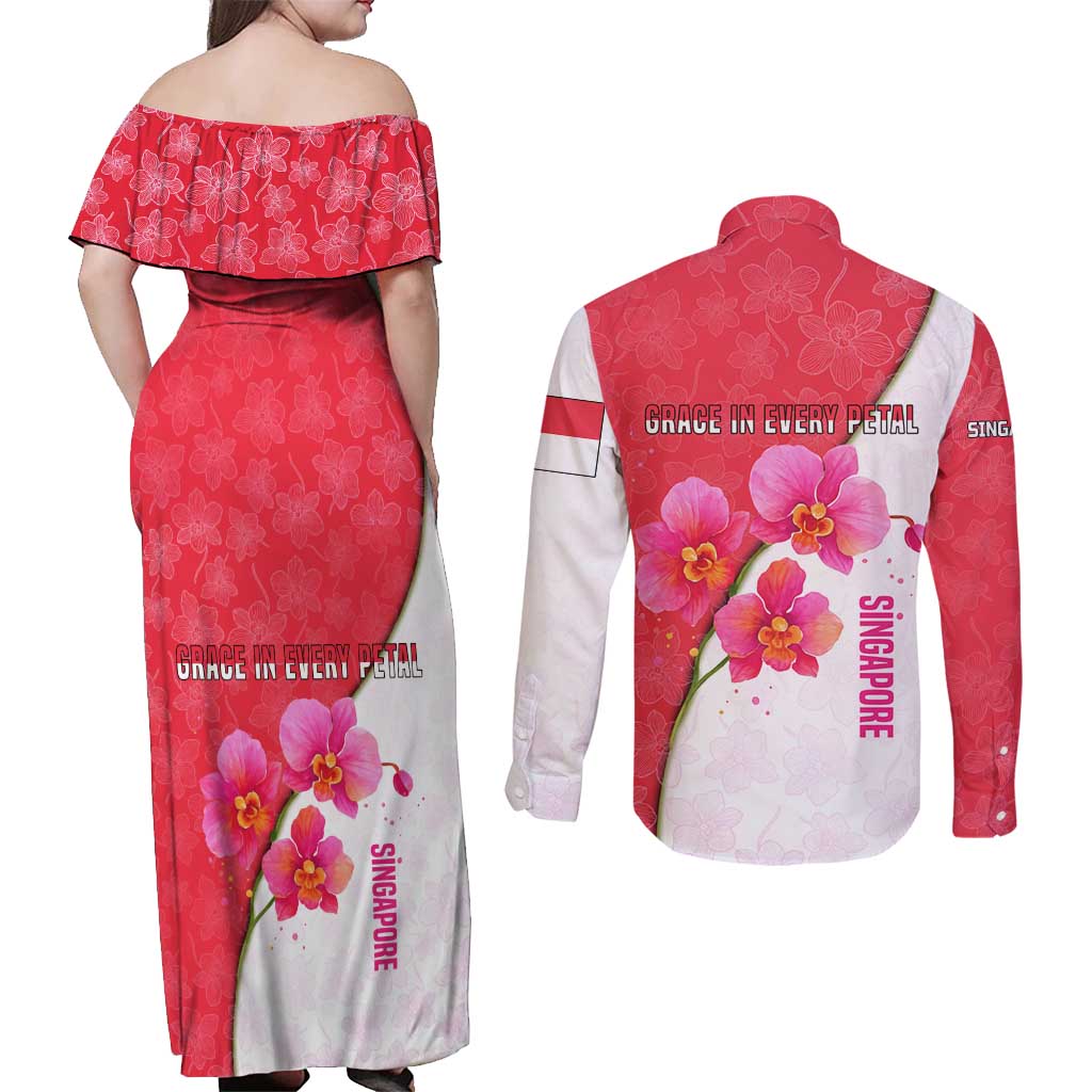 Singapore Couples Matching Off Shoulder Maxi Dress and Long Sleeve Button Shirt with Orchid Flower Design and National Flag Motif