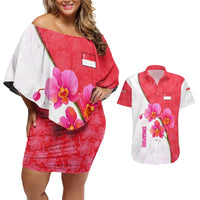 Singapore Couples Matching Off Shoulder Short Dress and Hawaiian Shirt with Orchid Flower Design and National Flag Motif