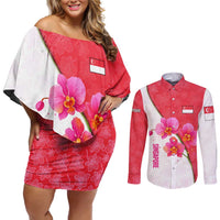 Singapore Couples Matching Off Shoulder Short Dress and Long Sleeve Button Shirt with Orchid Flower Design and National Flag Motif