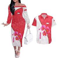 Singapore Couples Matching Off The Shoulder Long Sleeve Dress and Hawaiian Shirt with Orchid Flower Design and National Flag Motif