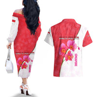 Singapore Couples Matching Off The Shoulder Long Sleeve Dress and Hawaiian Shirt with Orchid Flower Design and National Flag Motif