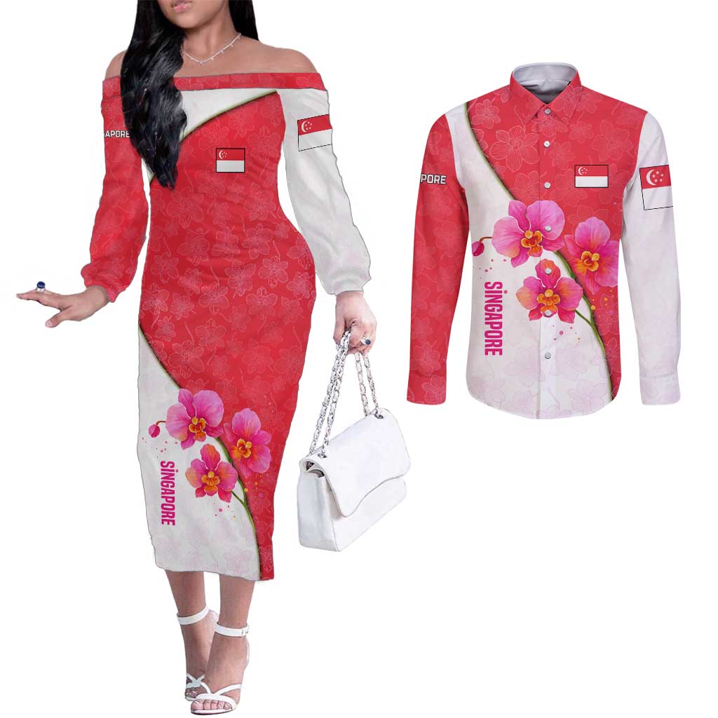 Singapore Couples Matching Off The Shoulder Long Sleeve Dress and Long Sleeve Button Shirt with Orchid Flower Design and National Flag Motif