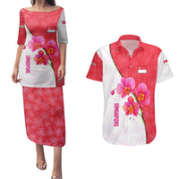 Singapore Couples Matching Puletasi and Hawaiian Shirt with Orchid Flower Design and National Flag Motif