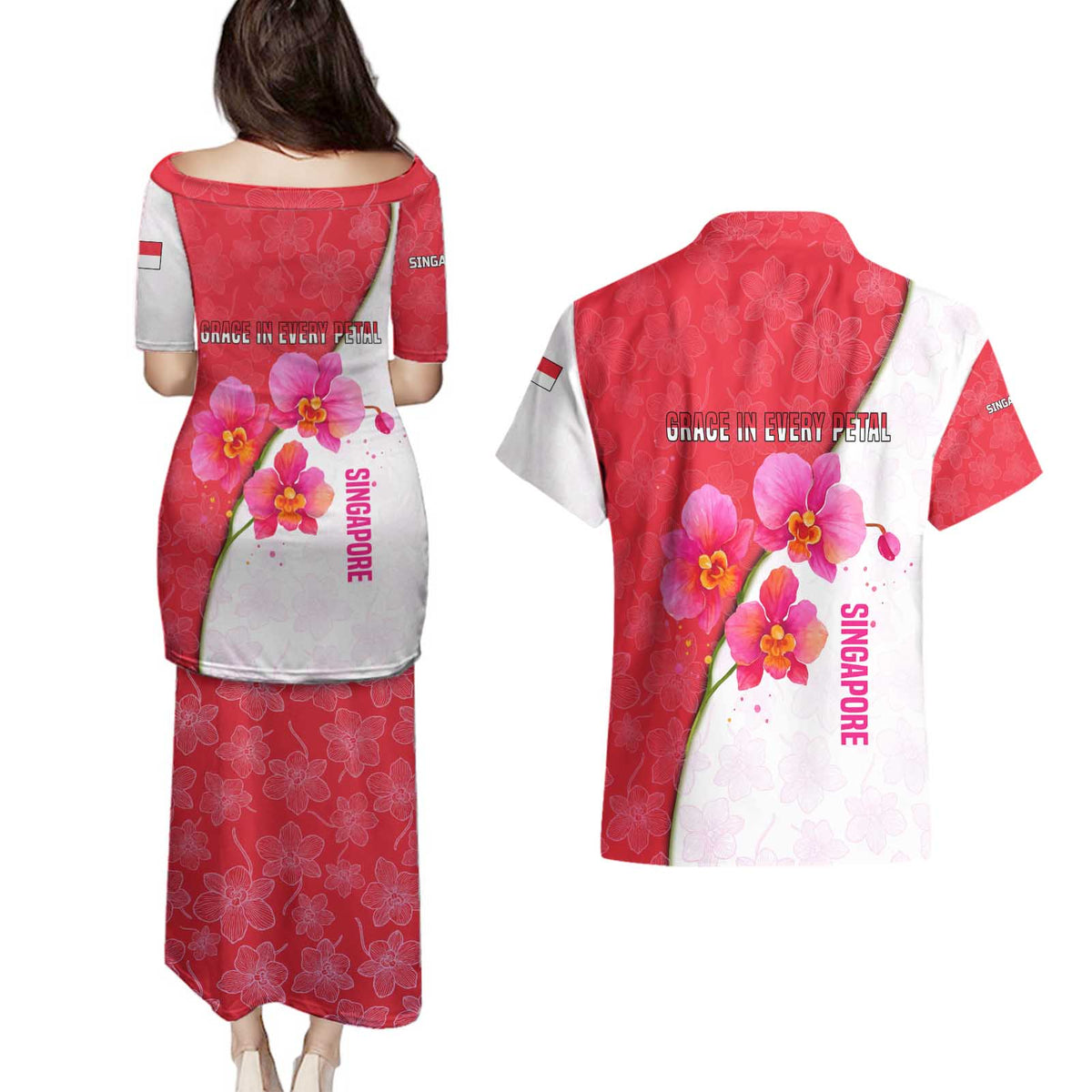 Singapore Couples Matching Puletasi and Hawaiian Shirt with Orchid Flower Design and National Flag Motif