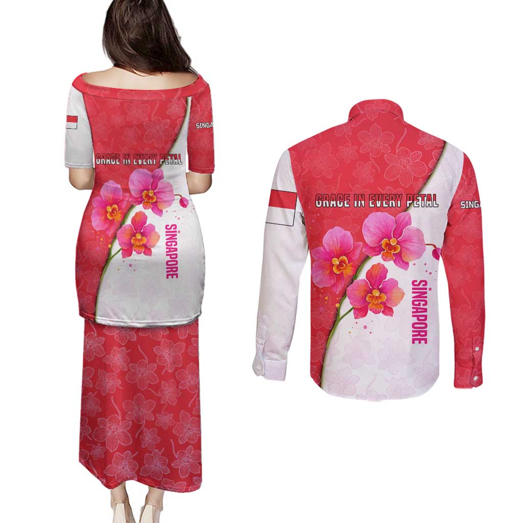Singapore Couples Matching Puletasi and Long Sleeve Button Shirt with Orchid Flower Design and National Flag Motif