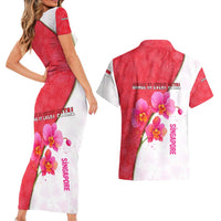 Singapore Couples Matching Short Sleeve Bodycon Dress and Hawaiian Shirt with Orchid Flower Design and National Flag Motif
