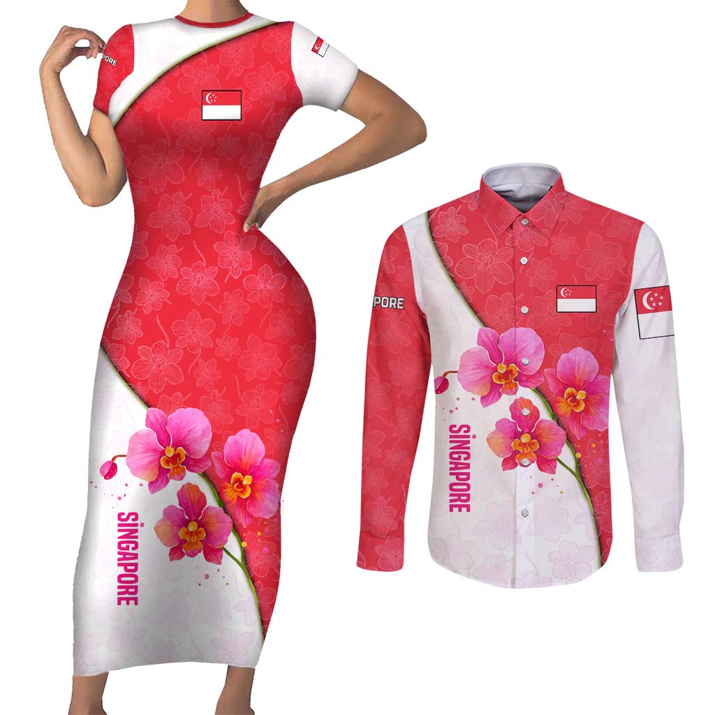 Singapore Couples Matching Short Sleeve Bodycon Dress and Long Sleeve Button Shirt with Orchid Flower Design and National Flag Motif