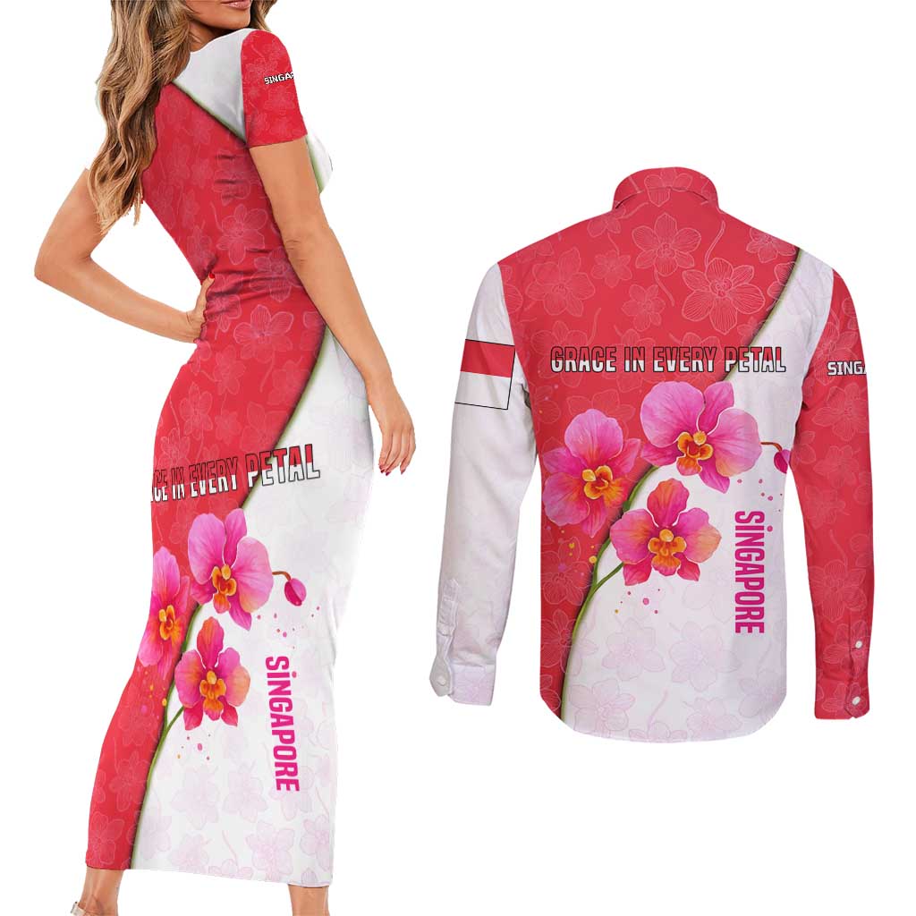 Singapore Couples Matching Short Sleeve Bodycon Dress and Long Sleeve Button Shirt with Orchid Flower Design and National Flag Motif