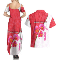 Singapore Couples Matching Summer Maxi Dress and Hawaiian Shirt with Orchid Flower Design and National Flag Motif