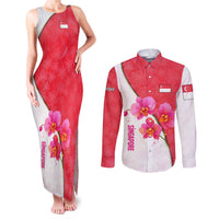 Singapore Couples Matching Tank Maxi Dress and Long Sleeve Button Shirt with Orchid Flower Design and National Flag Motif