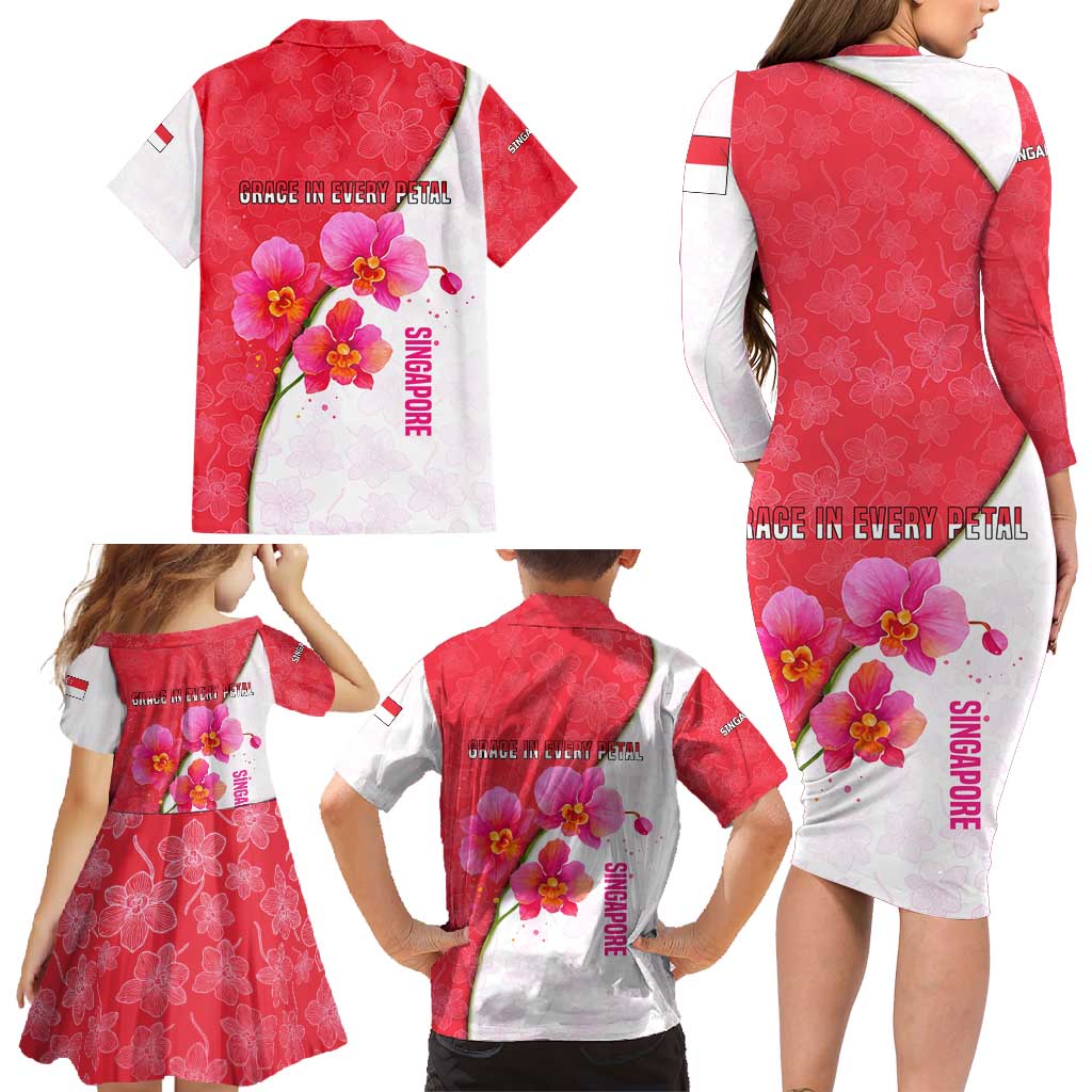 Singapore Family Matching Long Sleeve Bodycon Dress and Hawaiian Shirt with Orchid Flower Design and National Flag Motif