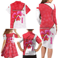 Singapore Family Matching Long Sleeve Bodycon Dress and Hawaiian Shirt with Orchid Flower Design and National Flag Motif