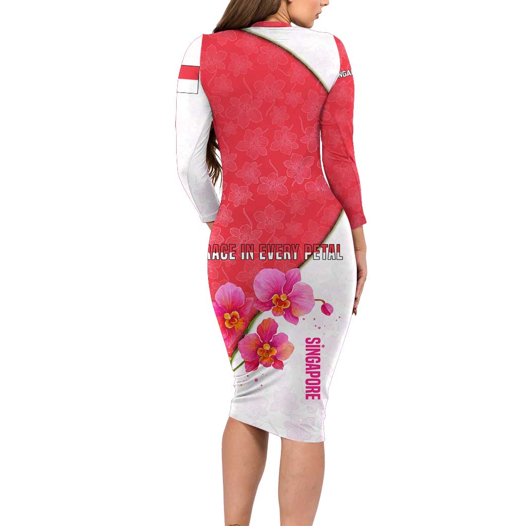 Singapore Family Matching Long Sleeve Bodycon Dress and Hawaiian Shirt with Orchid Flower Design and National Flag Motif