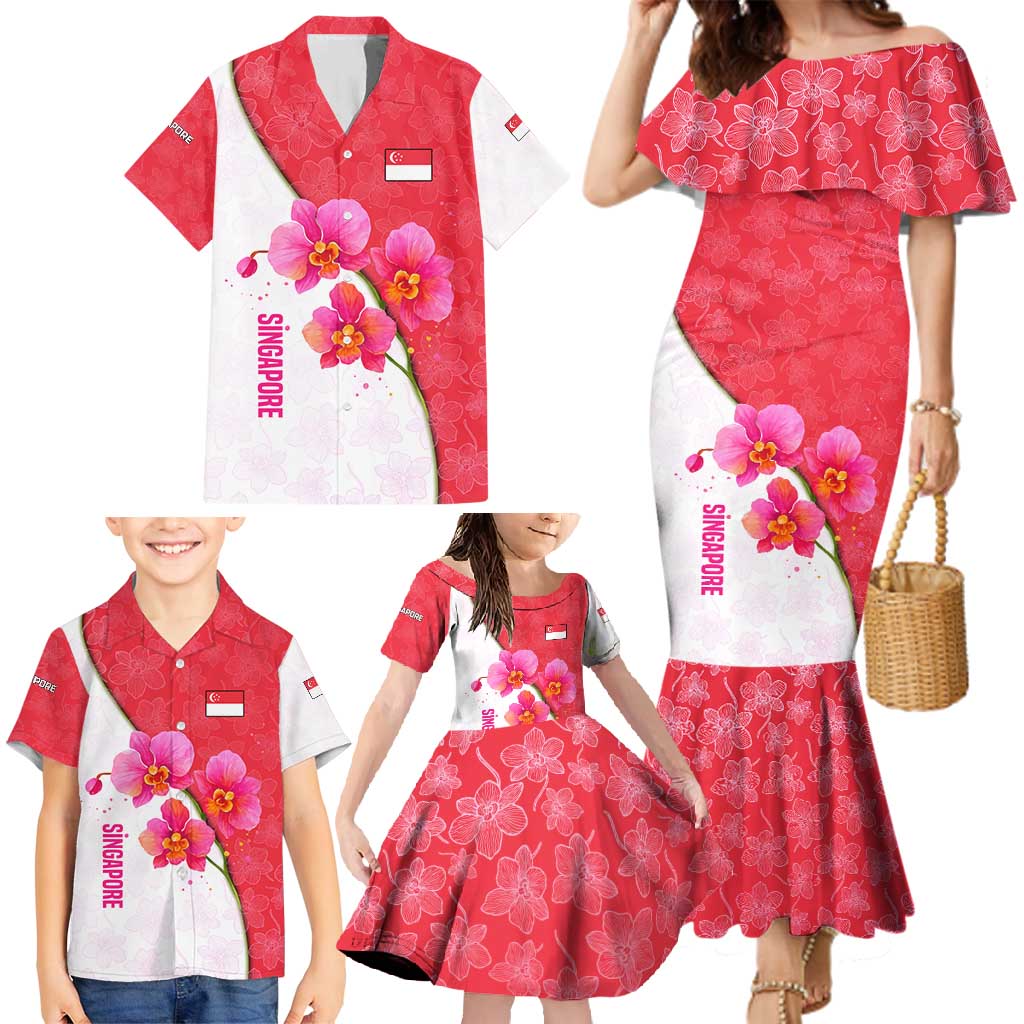 Singapore Family Matching Mermaid Dress and Hawaiian Shirt with Orchid Flower Design and National Flag Motif