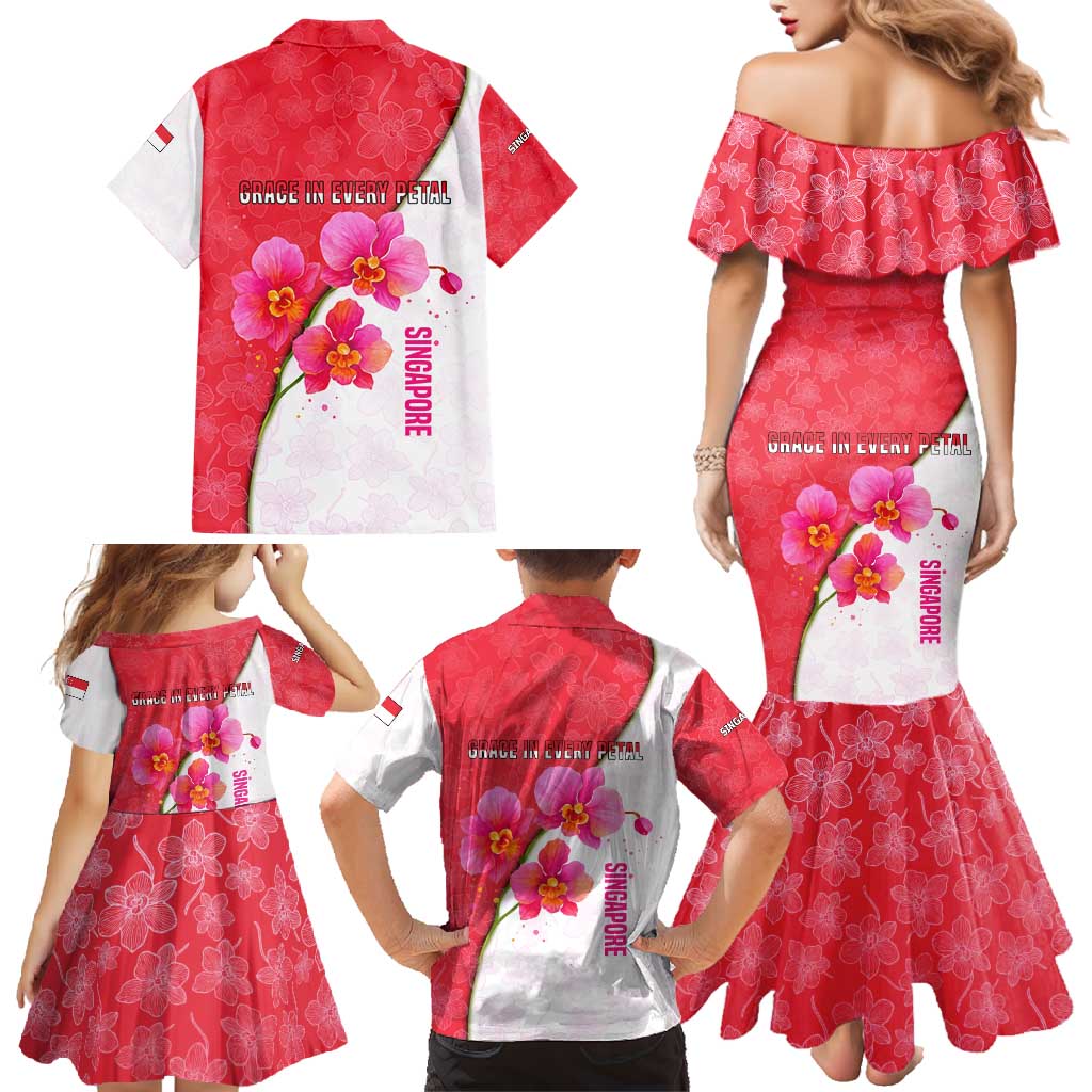 Singapore Family Matching Mermaid Dress and Hawaiian Shirt with Orchid Flower Design and National Flag Motif