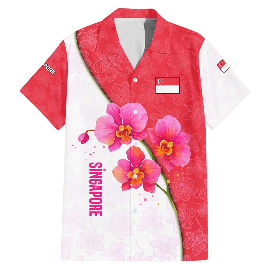 Singapore Family Matching Mermaid Dress and Hawaiian Shirt with Orchid Flower Design and National Flag Motif