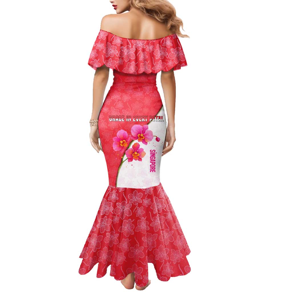 Singapore Family Matching Mermaid Dress and Hawaiian Shirt with Orchid Flower Design and National Flag Motif