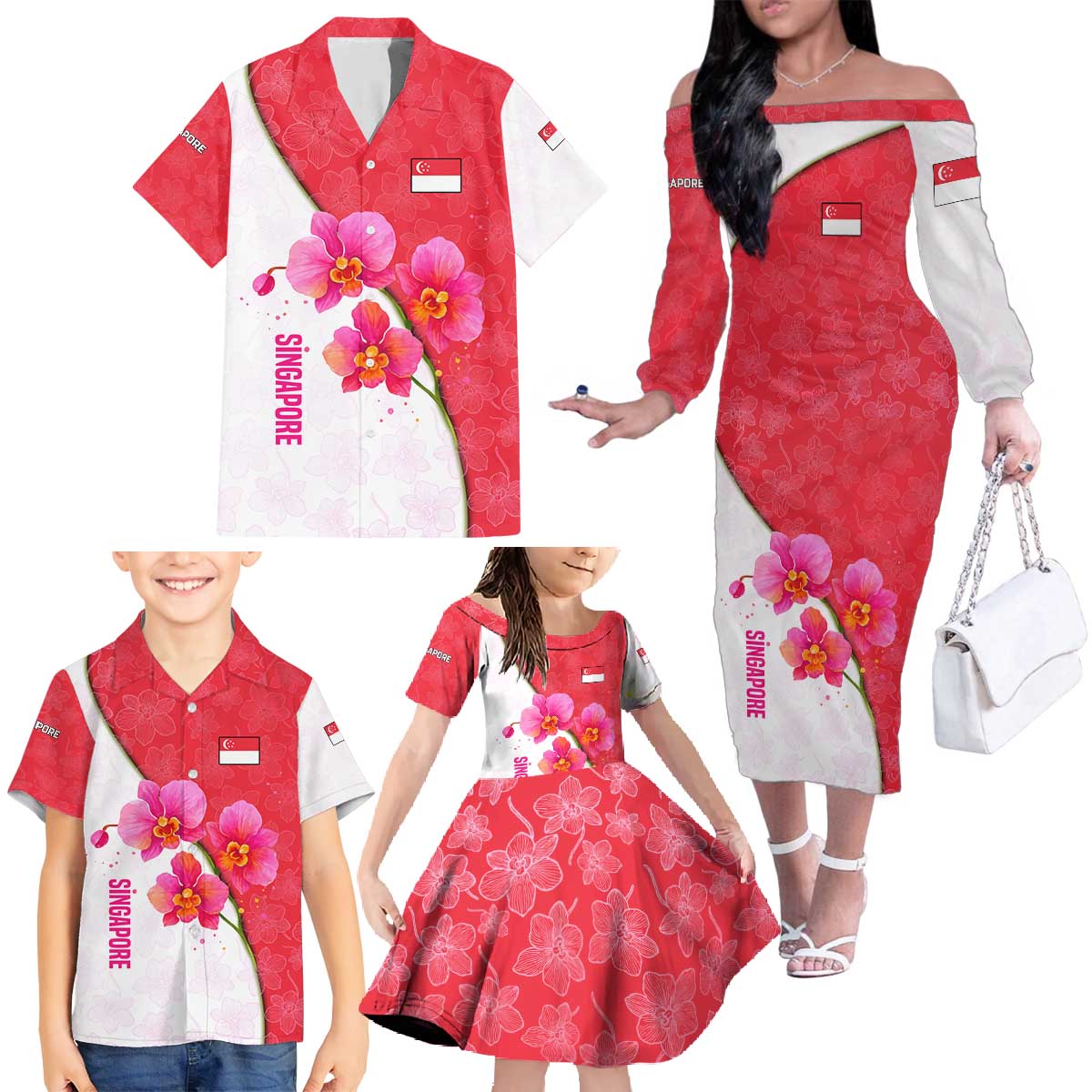 Singapore Family Matching Off The Shoulder Long Sleeve Dress and Hawaiian Shirt with Orchid Flower Design and National Flag Motif
