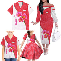 Singapore Family Matching Off The Shoulder Long Sleeve Dress and Hawaiian Shirt with Orchid Flower Design and National Flag Motif