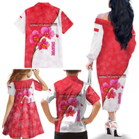 Singapore Family Matching Off The Shoulder Long Sleeve Dress and Hawaiian Shirt with Orchid Flower Design and National Flag Motif