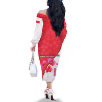 Singapore Family Matching Off The Shoulder Long Sleeve Dress and Hawaiian Shirt with Orchid Flower Design and National Flag Motif