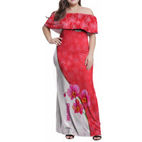Singapore Family Matching Off Shoulder Maxi Dress and Hawaiian Shirt with Orchid Flower Design and National Flag Motif