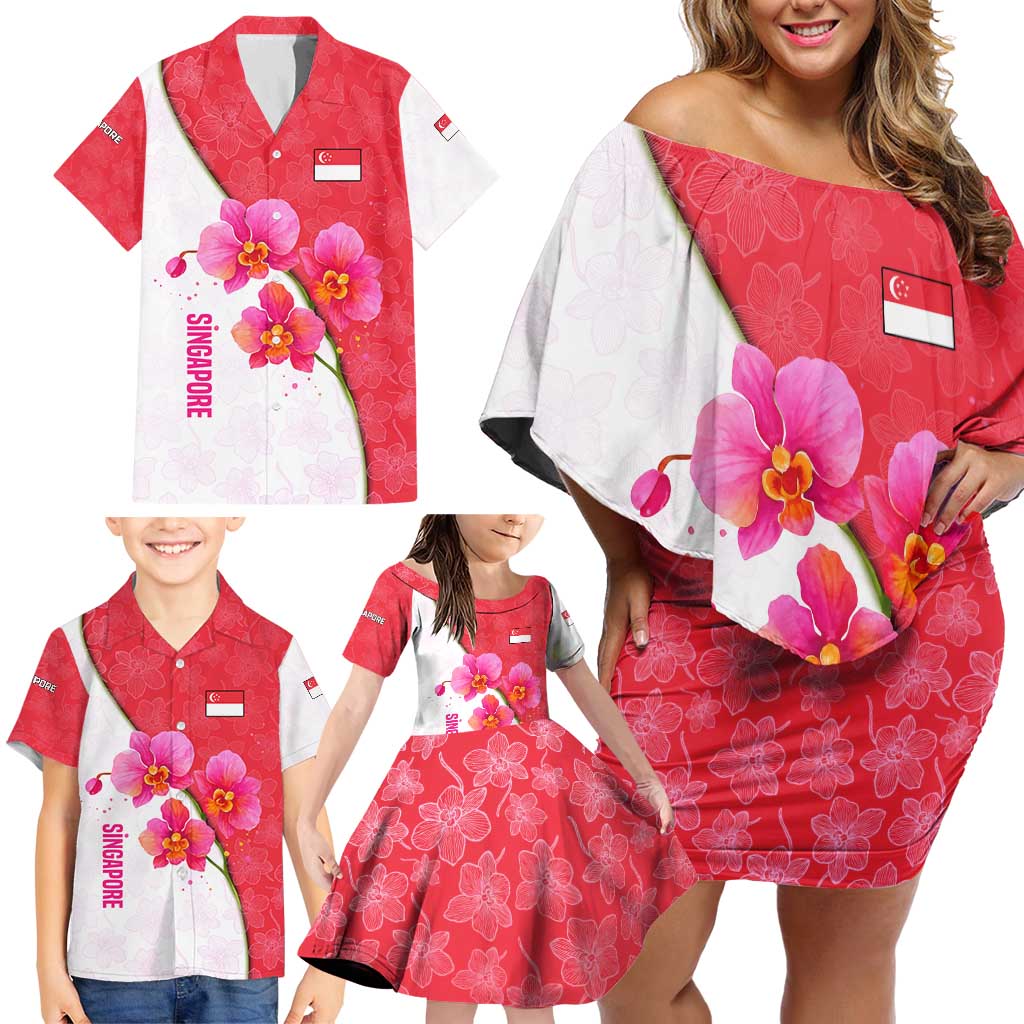 Singapore Family Matching Off Shoulder Short Dress and Hawaiian Shirt with Orchid Flower Design and National Flag Motif