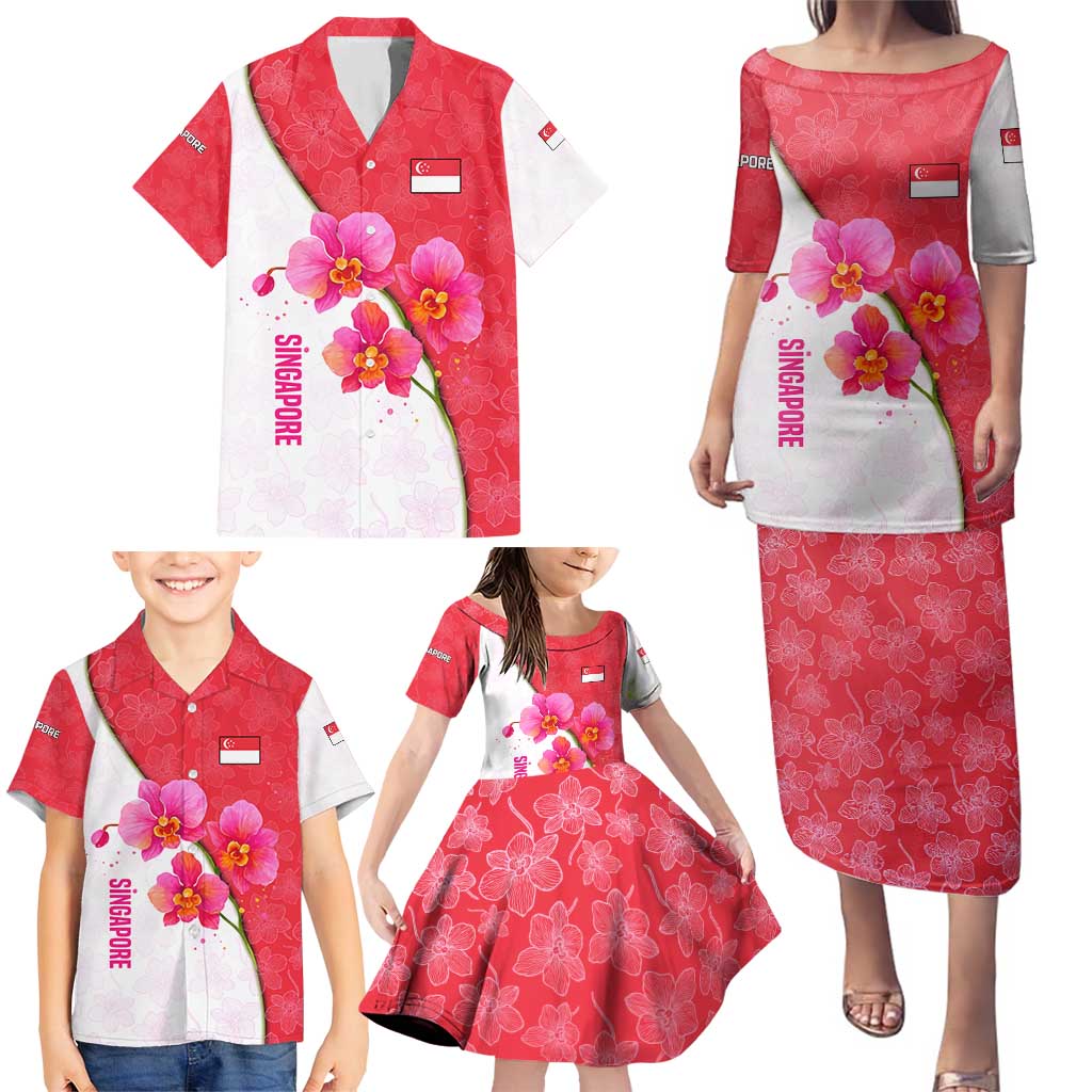 Singapore Family Matching Puletasi and Hawaiian Shirt with Orchid Flower Design and National Flag Motif
