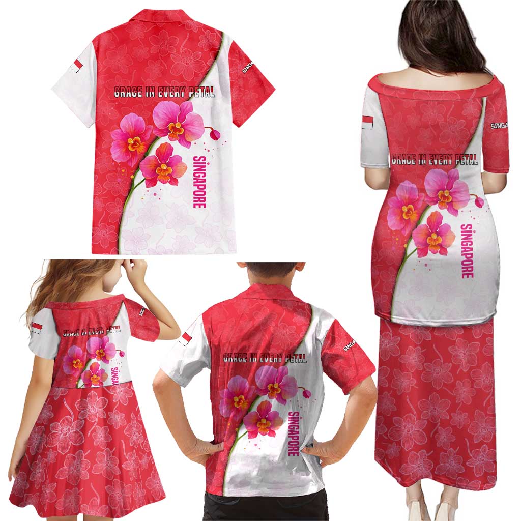 Singapore Family Matching Puletasi and Hawaiian Shirt with Orchid Flower Design and National Flag Motif
